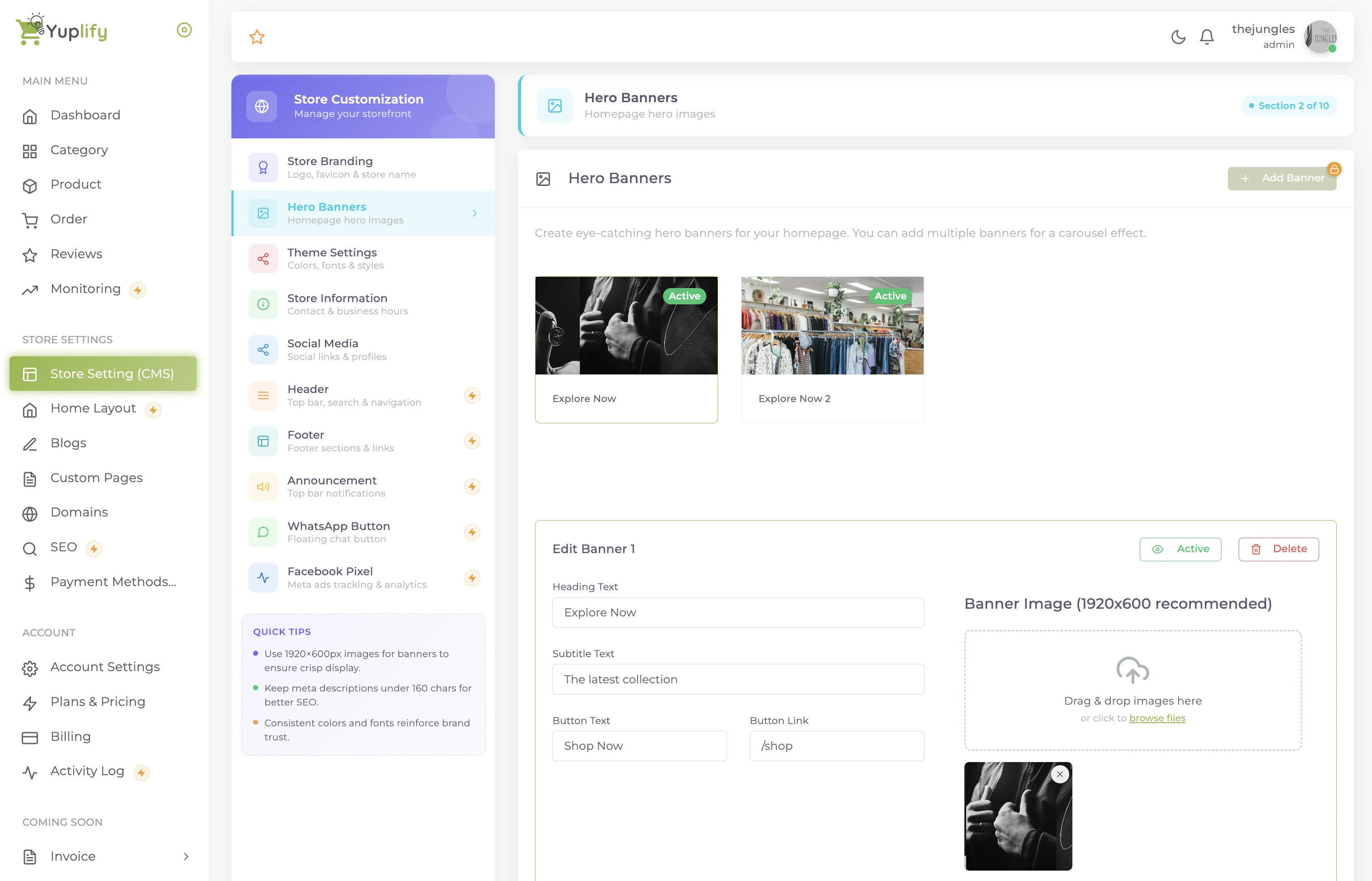 Yuplify store customization: hero banner settings