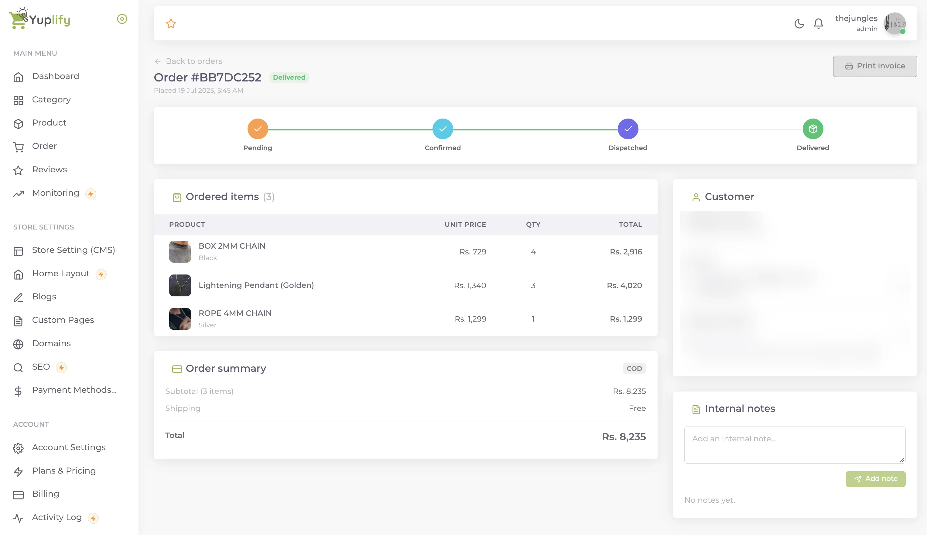 Yuplify order details with status tracker, items and internal notes